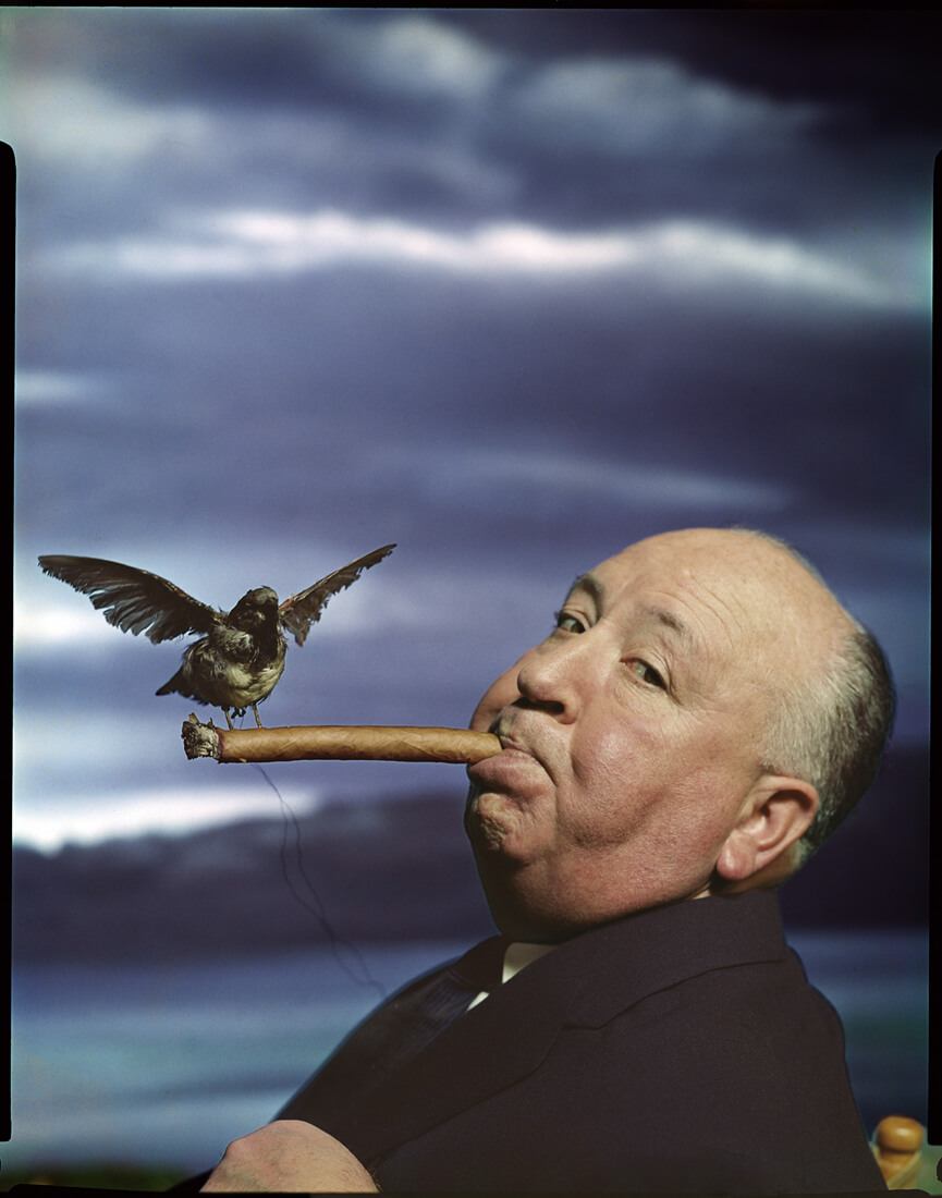 Portrait d’Alfred Hitchcock pour la promotion du film Les Oiseaux