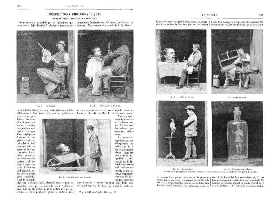 Gabriel Mareschal, « Récréations photographiques. Photographies amusantes sur fond noir ». Revue La Nature, n° 1026, Paris, Masson, 1893, pp. 132-133