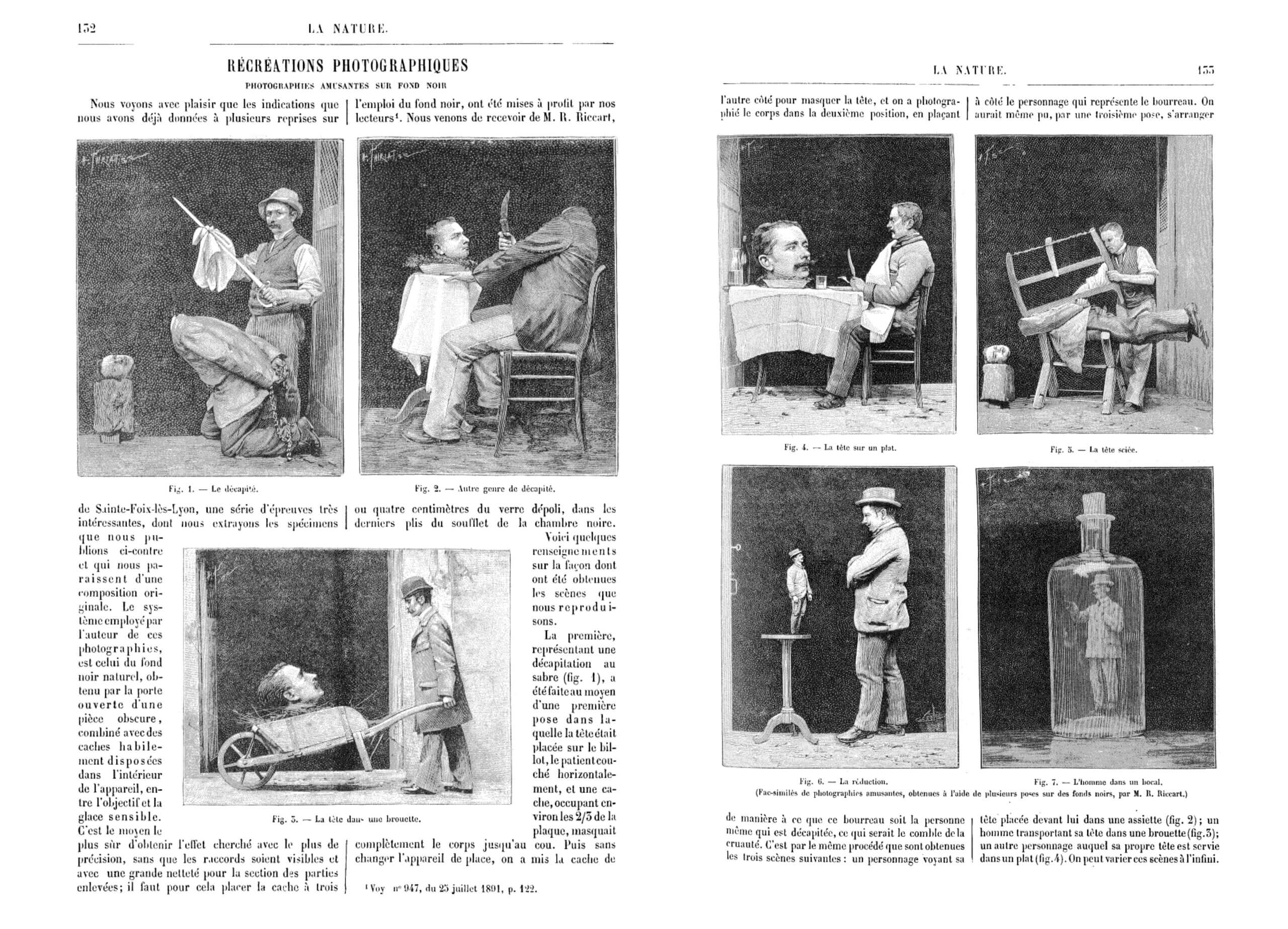 Gabriel Mareschal, « Récréations photographiques. Photographies amusantes sur fond noir ». Revue <i></noscript>La Nature</i>, n° 1026, Paris, Masson, 1893, pp. 132-133