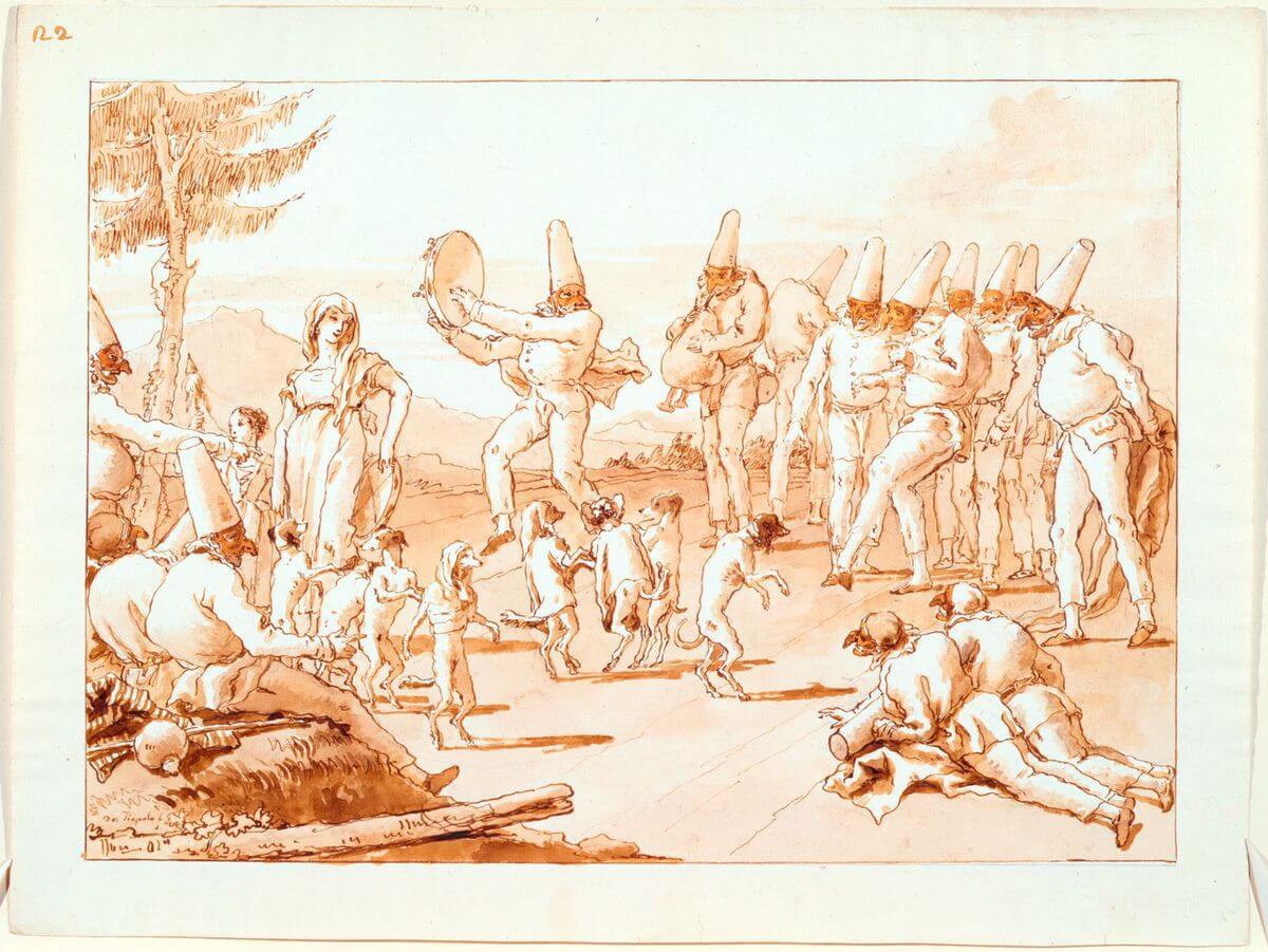 Giovanni Domenico Tiepolo, Italian (Venice, Italy 1727 - 1804 Venice, Italy), <em>Group of Punchinelli with Dancing Dogs</em>, c. 1793. Brown ink and brown wash on white antique laid paper, 35.3 x 47.3 cm, Harvard Art Museums/Fogg Museum, Bequest of Meta and Paul J. Sachs
