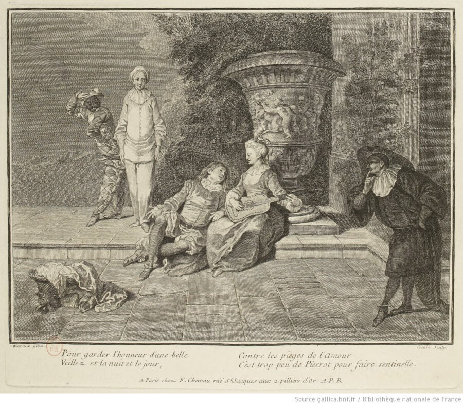 Charles-Nicolas Cochin (1688 - 1754), Pour garder l'honneur d'une belle… (d'après Antoine Watteau), circa 1717 - 1726. Eau-forte, 23 x 27,5 cm, BNF, Paris.