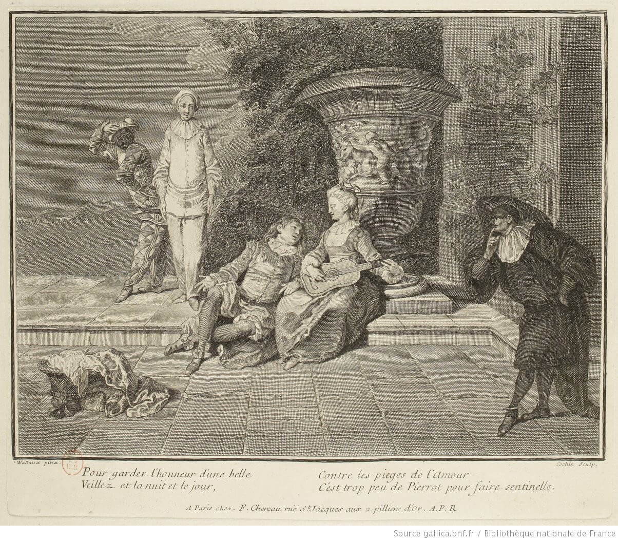 Charles-Nicolas Cochin (1688 - 1754), <em></noscript>Pour garder l'honneur d'une belle…</em> (d'après Antoine Watteau), circa 1717 - 1726. Eau-forte, 23 x 27,5 cm, BNF, Paris.