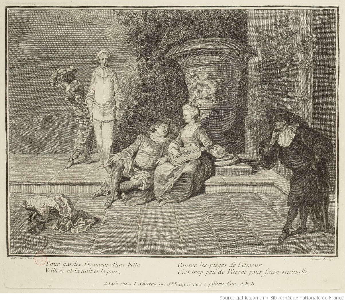 Charles-Nicolas Cochin (1688 - 1754), <em>Pour garder l'honneur d'une belle…</em> (after Antoine Watteau), circa 1717 - 1726. Etching with some engraving, 23 x 27,5 cm, BNF, Paris.