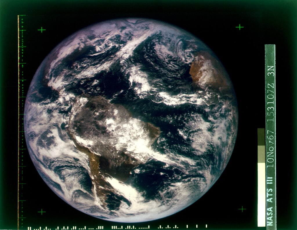 First color photograph of the whole Earth (western Hemisphere), shot from the ATS-3 satellite on 10 November 1967