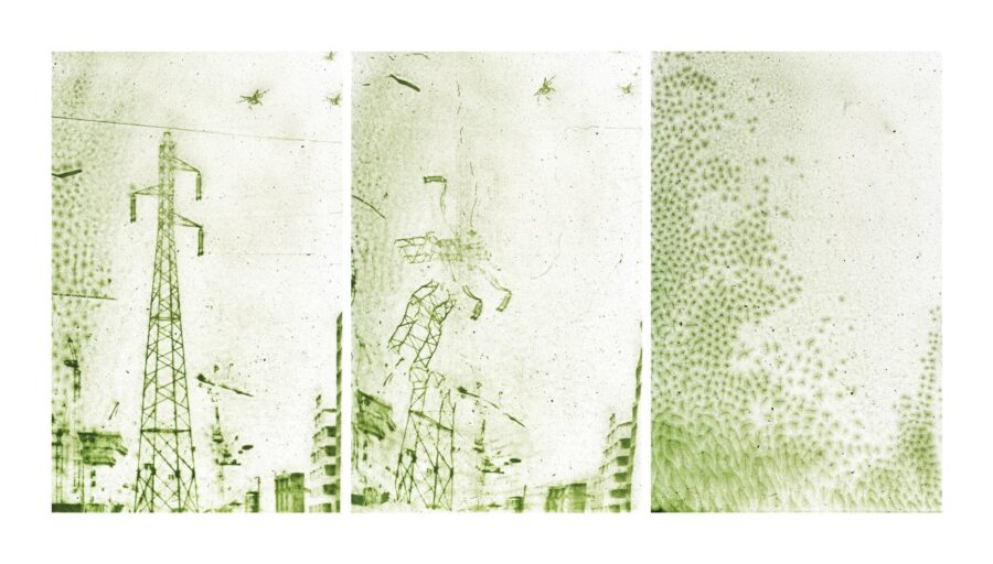 Notice #3 – Fig. 8 : Entropie V, 2015, Impression UV double encrage sur plexiglass, 35x60 cm. Triptyque photographique réalisé à l’aide d’un scanner ; la dernière image correspond à l’interprétation du paysage figuratif par les micro-algues © Lia Giraud