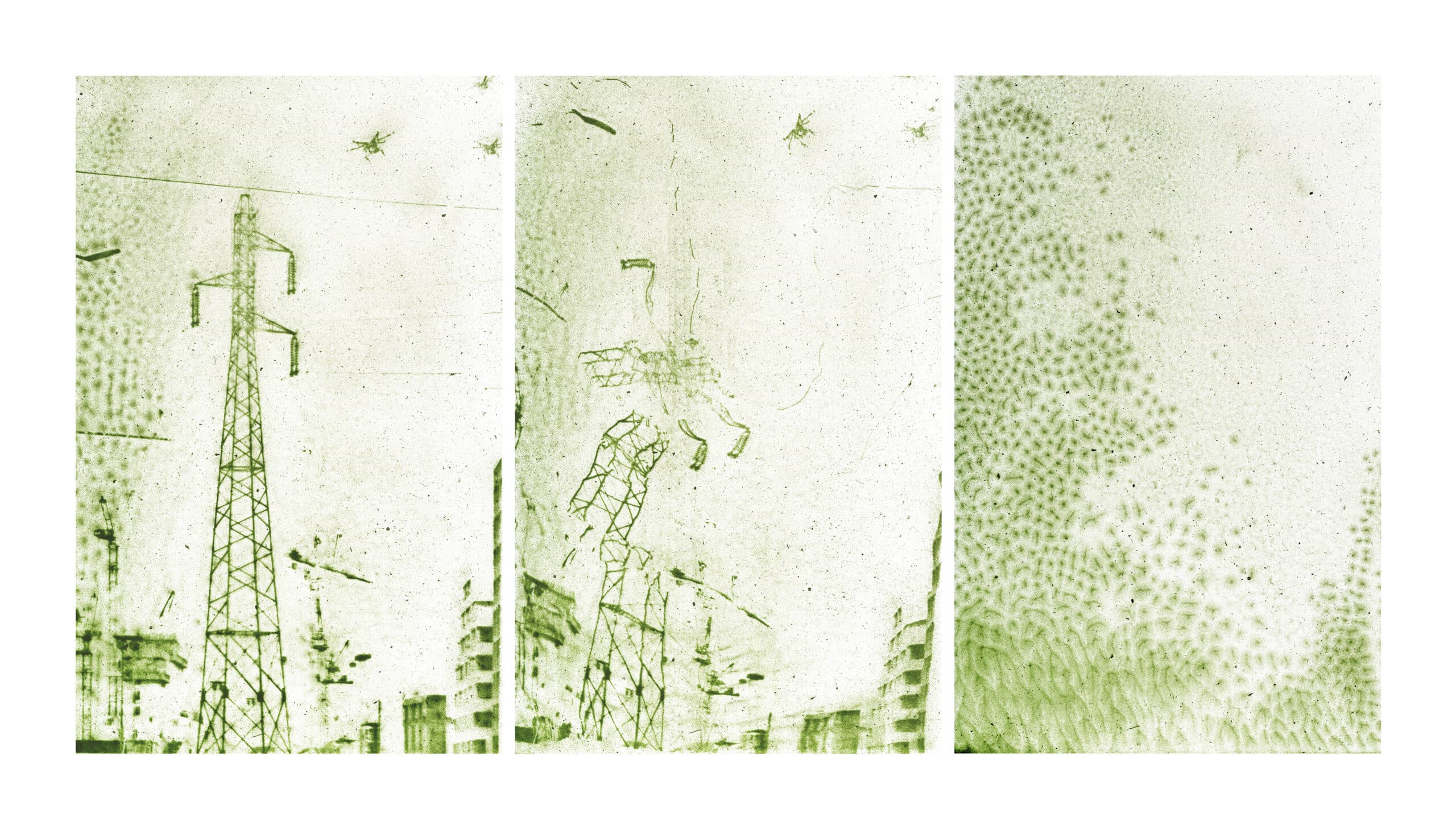 Note 3 – Fig. 8. <i>Entropie V (Entropy V)</i>, 2015, Hybrid UV ink printing on plexiglass, 35x60 cm. Photographic triptych created with the help of a scanner; the final image  corresponds to the interpretation of the figurative landscape by the microalgae © Lia Giraud