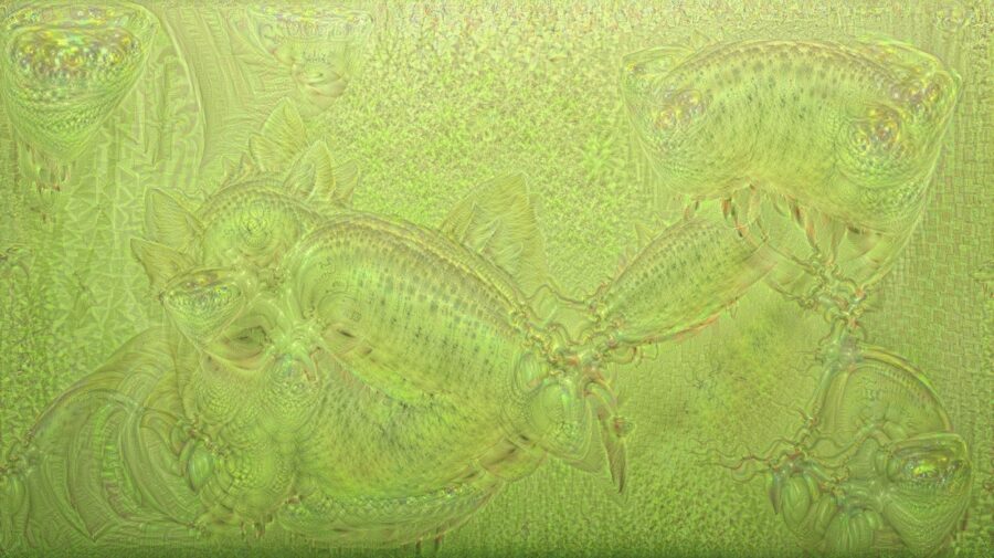 Notice #4 –Fig. 9. Dialogical Dreaming, 2017. Exemple de rêve produit par le logiciel de Deep Dream, à partir des volutes formées par les microalgues dans l’aquarium © Lia Giraud