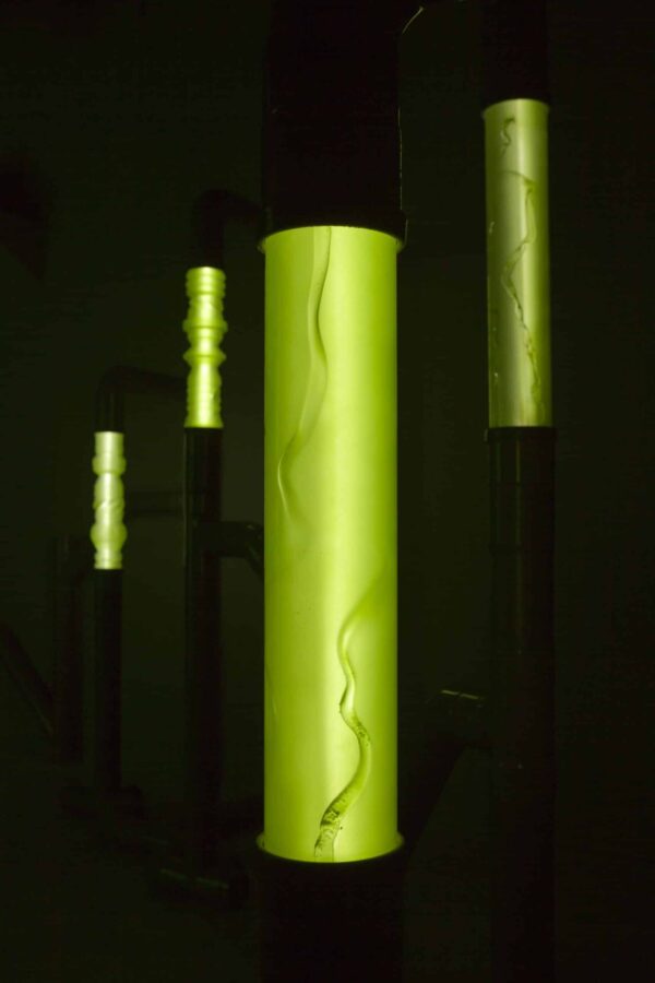 Notice #6 – Fig. 15. Photosynthèse, 2021. Détail des bioréacteurs en verre borosilicates où se développent les micro-algues durant l’exposition © Lia Giraud