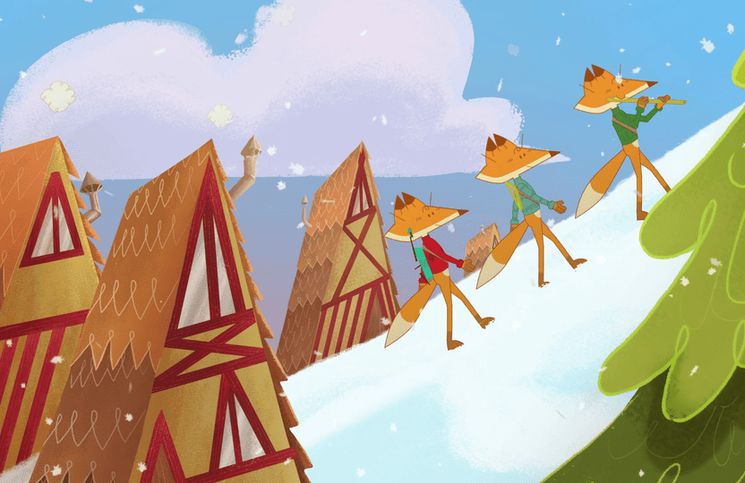 Image de « La Petite fanfare de Noël » montrant des animaux dans un paysage de montagne enneigé aux couleurs douces.