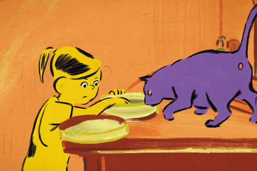 Film d’animation « Linda veut du poulet ! » montrant Linda et un chat dessinés dans un style coloré aux traits crayonnés.