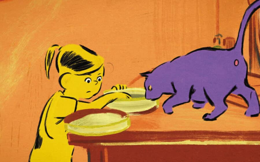 Film d’animation « Linda veut du poulet ! » montrant Linda et un chat dessinés dans un style coloré aux traits crayonnés.