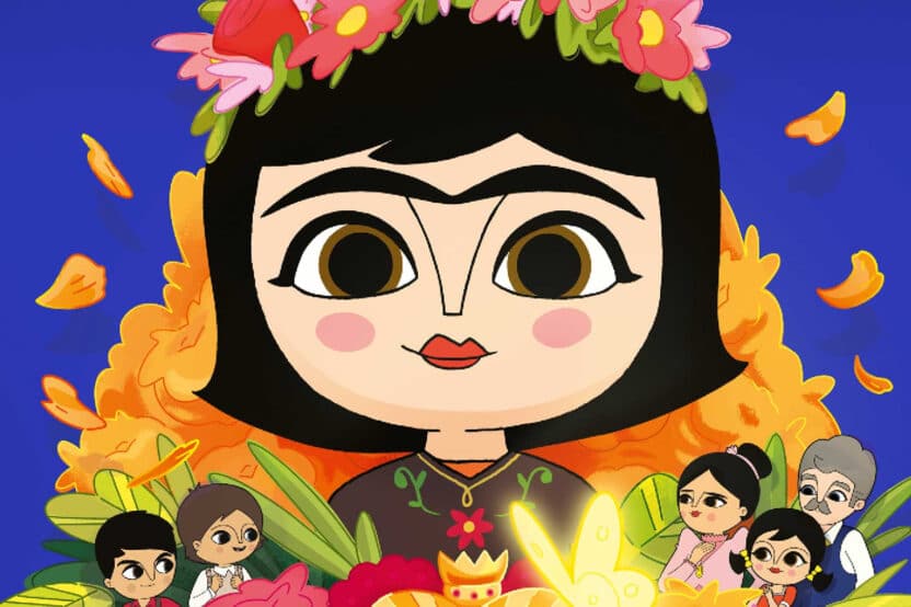 Personnage de Frida Kahlo enfant dans le film d’animation « Hola Frida », entourée d’un univers coloré inspiré du Mexique.